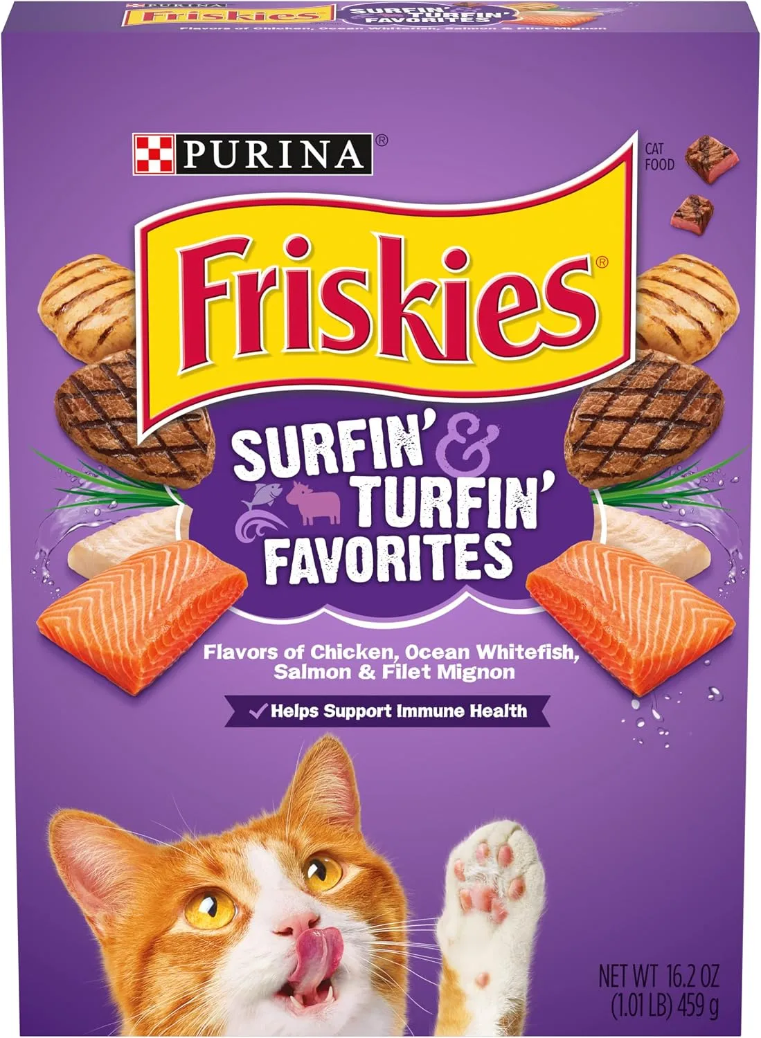 Friskies Surfin' & Turfin' Favorites Dry Cat Food – Chicken, Whitefish, Salmon & Filet Mignon Flavors
